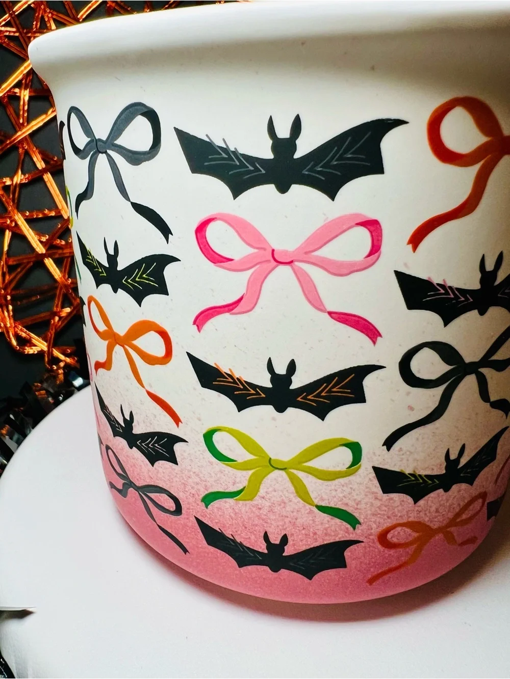 Halloween Pink Ombré Mug Ribbon Bows & Black Vampire Bats Stoneware